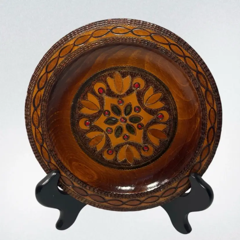 Carved Folk Art Wooden Decorative Plate | 6.5"