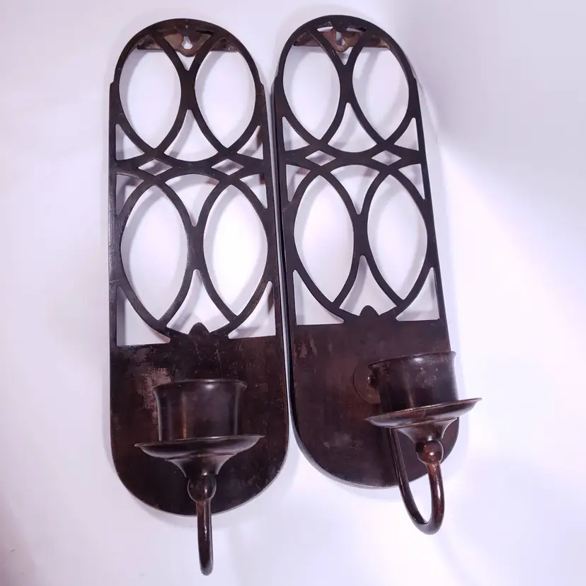 Heavy WROUGHT IRON Gothic Brushed Bronze Taper Candle WALL SCONCE SET