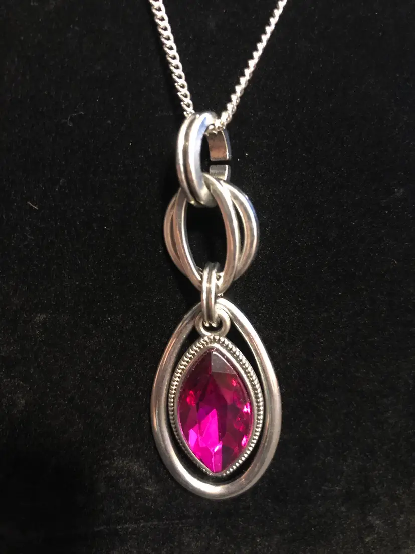 Silver-tone Long Necklace with Pink Stone Pendant