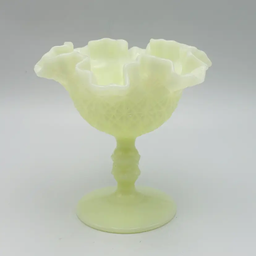 Olde Virginia Glass Fenton Fine Cut & Block Custard Glass Footed Compote Glows