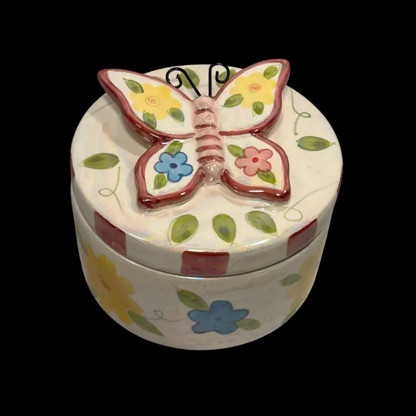 Ceramic Iridescent Lidded Trinket Dish w/ Floral Butterfly Decor | 3”