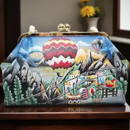 Anuschka Hot Air Balloon Hand-Painted Leather Kiss Lock Clutch Crossbody Purse
