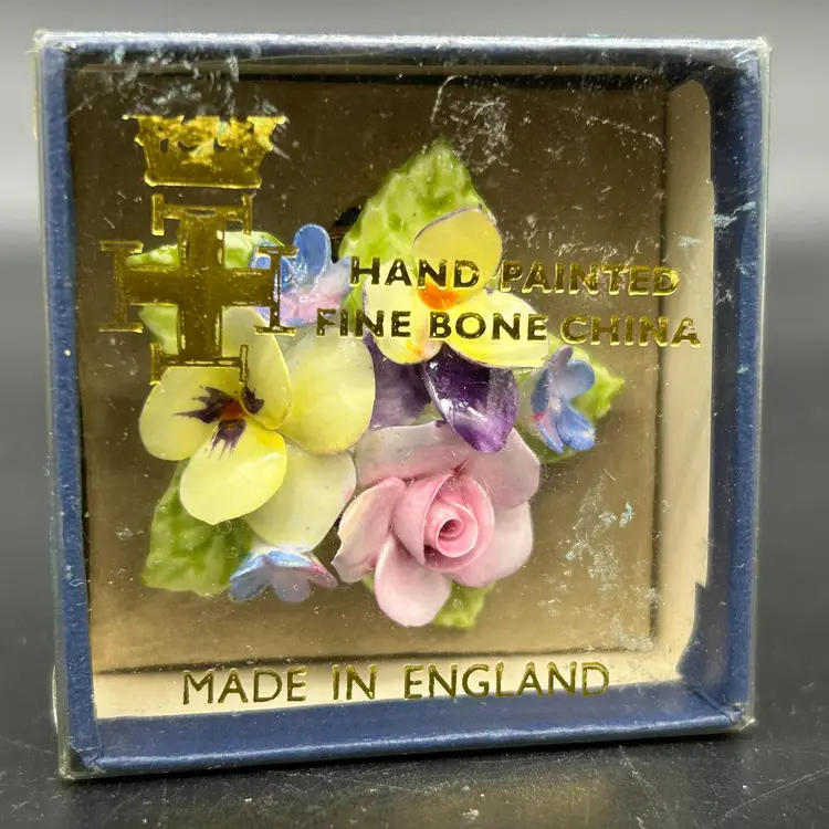 Vintage Hand Painted England Bone China Flower Brooch Pin In Original Box