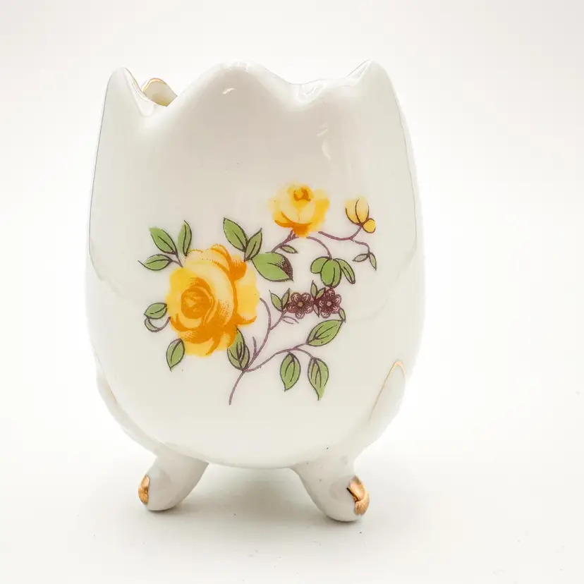 Yellow Rose Cracked Egg Vase Candle Holder Porcelain Footed Gold Accent Price Import Japan 3" x 2.75"B25