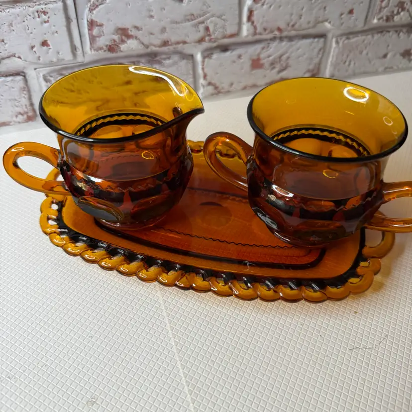 Vintage Indiana Glass Kings Crown Thumbprint Golden Amber Glass Creamer Sugar & Tray