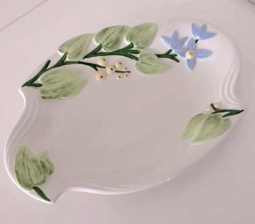 Holland Mold, hand painted, platter, bluebells, berries, leaves, signed “CEIL”