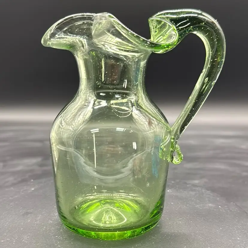 Vintage Hand Blown Green Bubble Glass Fluted Pitcher