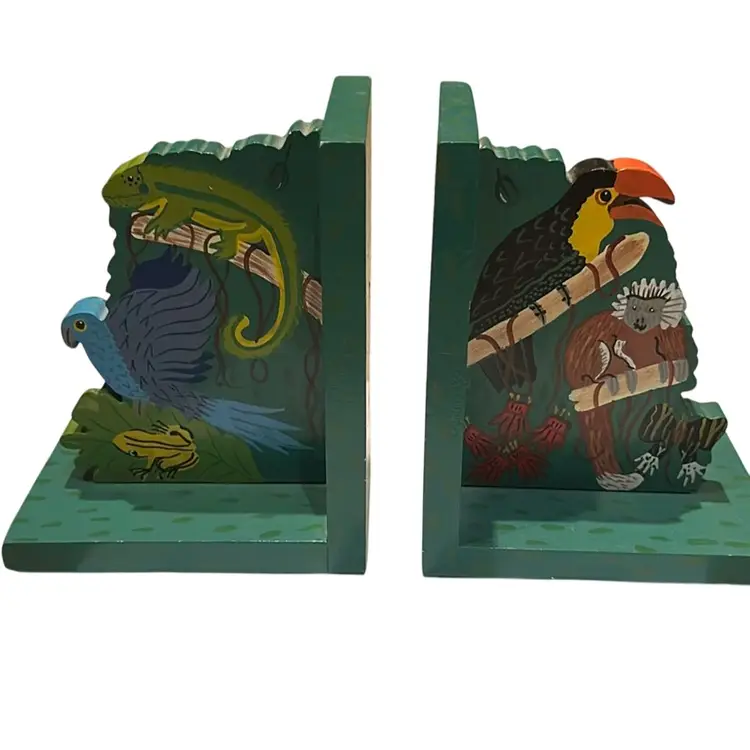 Tropical Hand Painted Wood Bird Book Ends