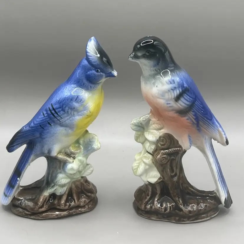 AS IS Vintage 1950's Ceramic Blue Jay Birds Figurine Set JAPAN Hand Painted 6”