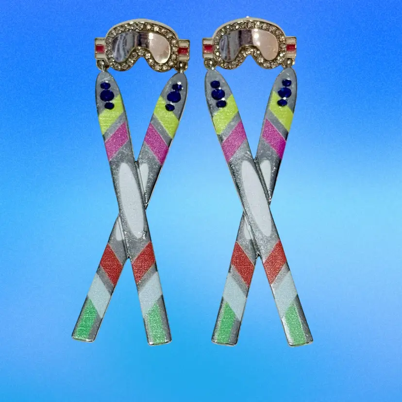 Baublebar “Snow Bunny” Enamel Rhinestone Ski Goggle Articulated Pierced Dangle Silvertone Earrings **UV Reactive** (Kk)