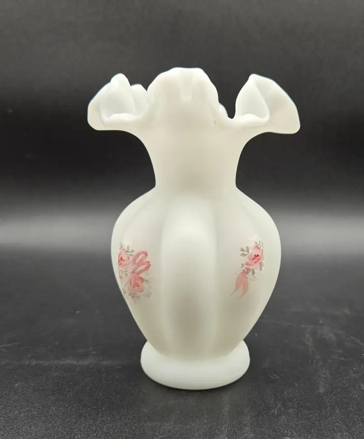 Fenton Satin Glass Handpainted Vase. Beautiful Painted Roses. Signed A. Farley. 5.5" × 4"