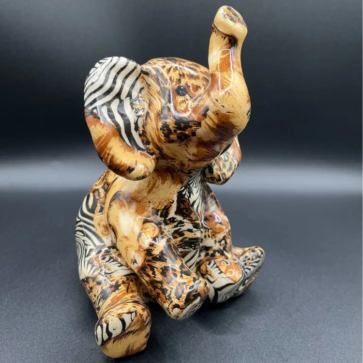 La Vie Decoupage Ceramic Trunk Up Elephant Figurine With Safari Patchwork Fabric Print 8”