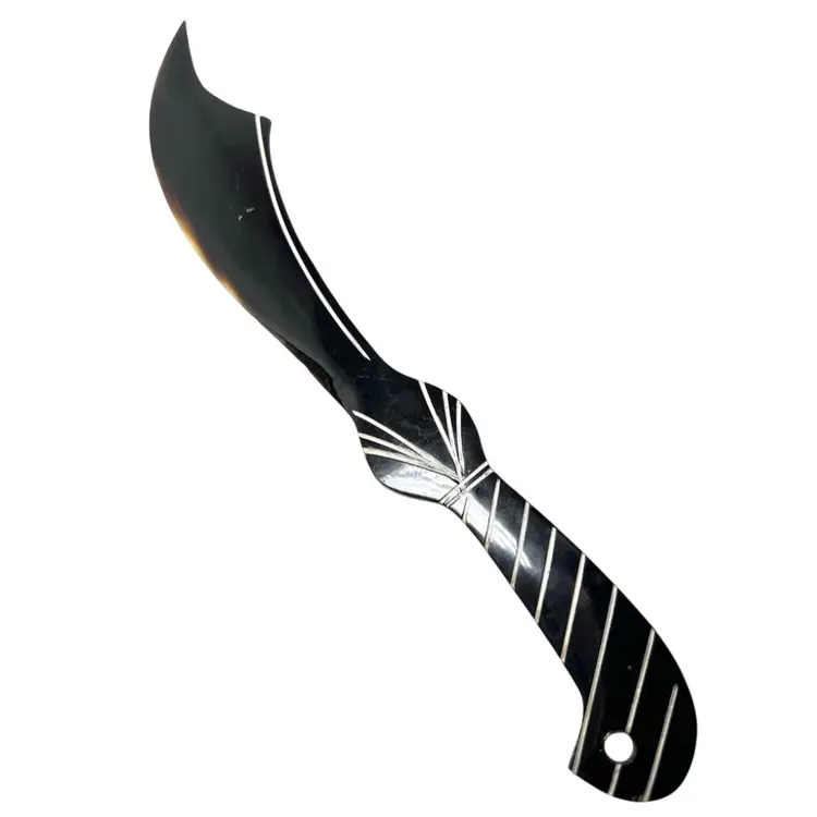 Horn Stationary Letter Opener. Scimitar Sword Shaped With White Painted Etchings. 7-1/4” Long. Lightweight.
