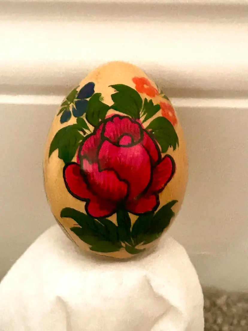 Vintage USSR Folk Art Birch Wood Egg With Hand Painted Rose 1990