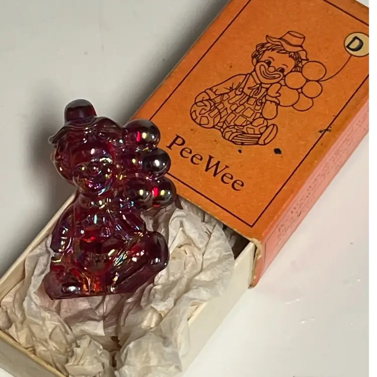 Mosser Glass - “Pee Wee” Letter D-Clown- Ruby Carnival Glass- 1.75”Figurine w/ Original Box