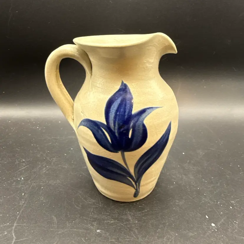 Vintage Williamsburg Pottery Salt Glazed Stoneware Pitcher With Cobalt Blue Flower - 5 In