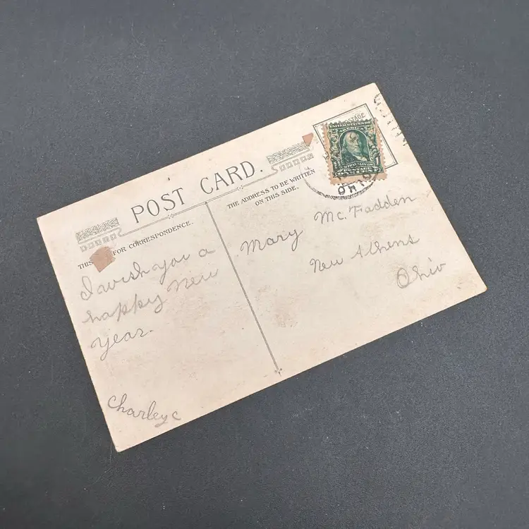 Antique Lithograph Postcard, Still Life Green Jug And Peaches, Marked & Posted