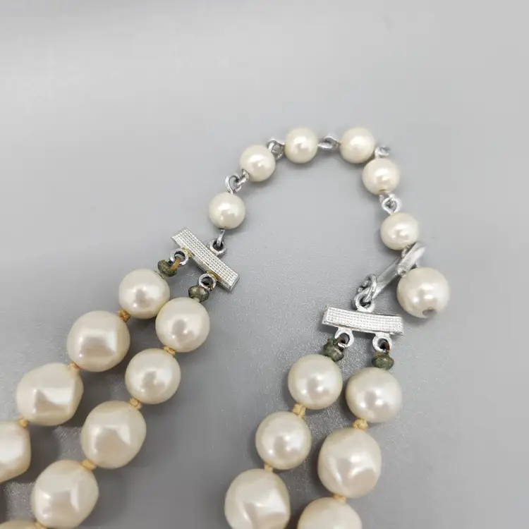 Chunky Pearl Tone Double Strand Necklace w Graduated Beads Hand Strung Adjustable Length Marked Japan + Gift Box