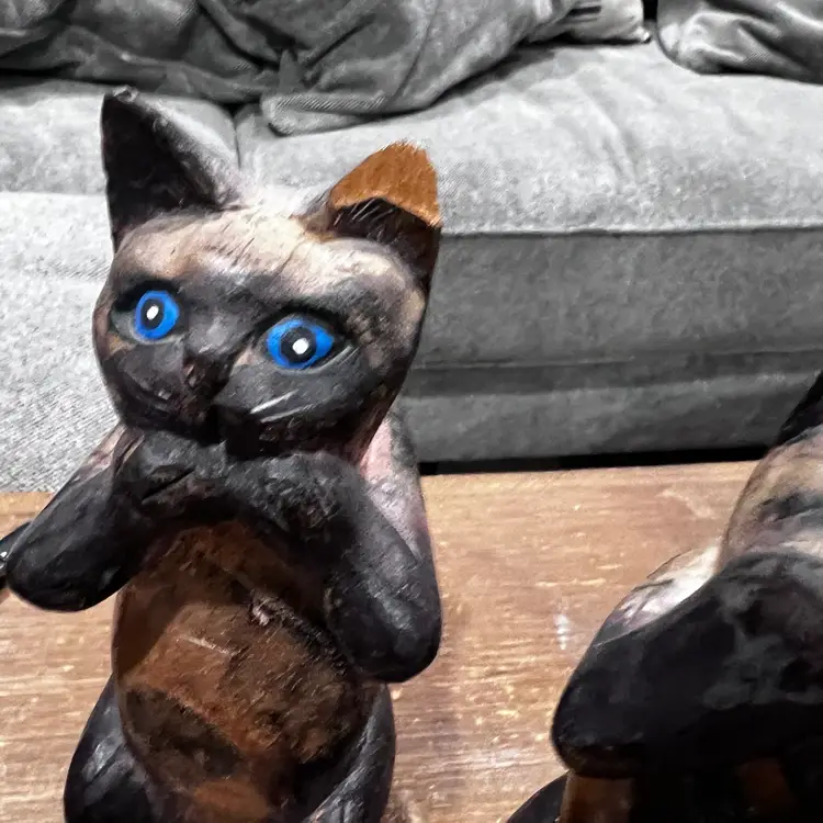 008 Vintage Set Wood See Hear Speak No Evil Blue Eyed Cats