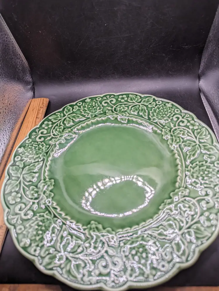 Vintage Green Leaf and Vine Majolica Charger Plate J Willfred Portugal From the House of Bordallo Pinhiero