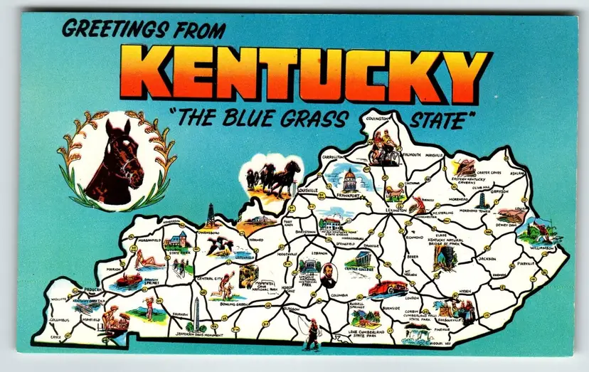 Postcard Greetings From Kentucky Map Chrome The Blue Grass State Horse Racing