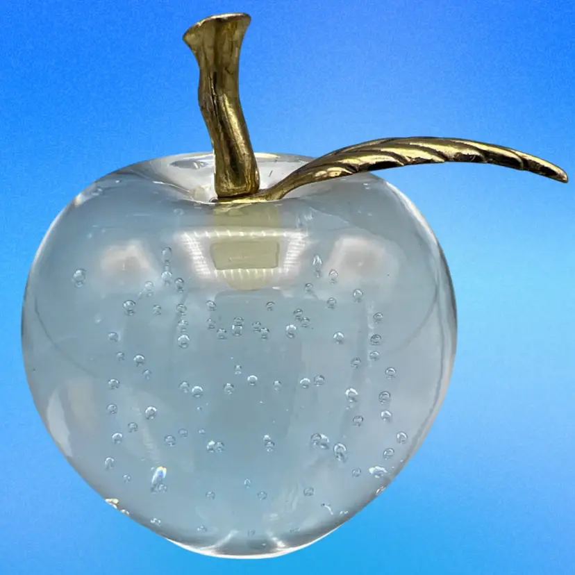 Vintage Glass Apple Paperweight Clear with Controlled Bubbles Brass Leaf Stem