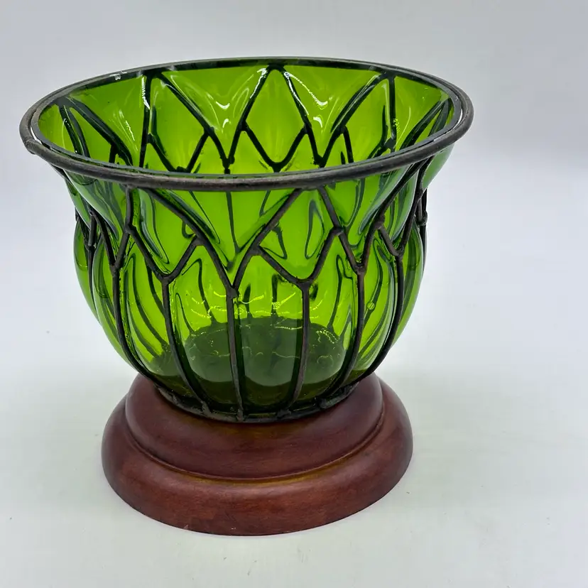 Vintage MCM Caged Emerald Green Glass Round Planter Candle Holder W/  Wood Base￼