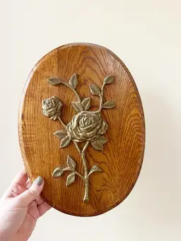 Vintage Wood Brass Rose Wall Decor