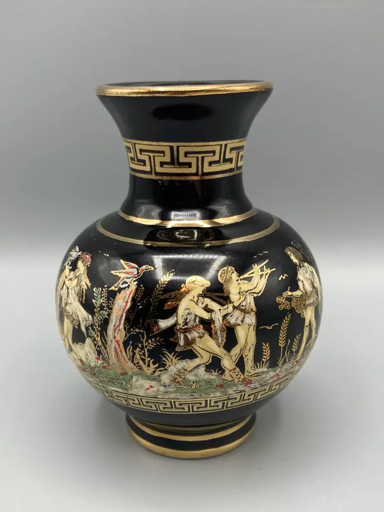 Vintage Stakias P Black with 24K Gold Ceramic Vase 4.5" - Hand Made in Greece