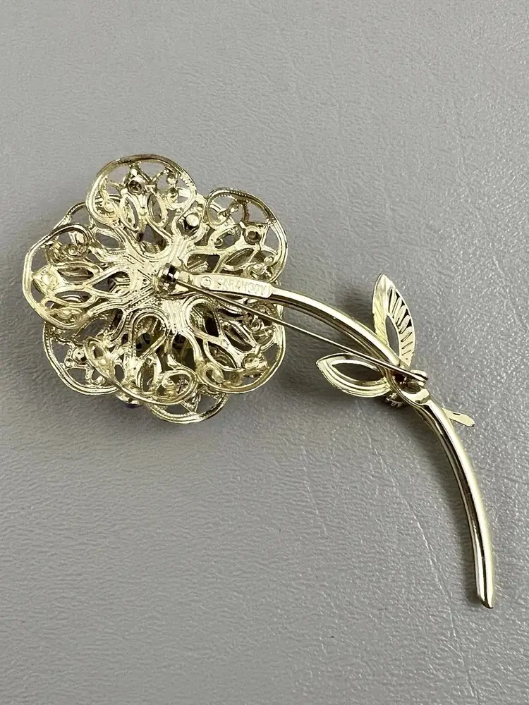Vintage Sarah Coventry Flower Brooch Aurora Borealis Rhinestone Gold Tone Pin 4"
