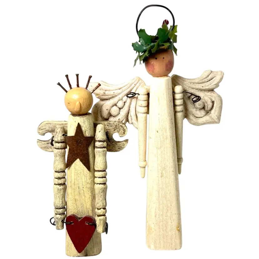 Wooden Angels. Two Cute Standing Figures. One Has Leaf & Metal Halo (5-1/2” tall). One Has Nails As Hair (4” tall) & Brooch Pin On Back. Movable Arms.