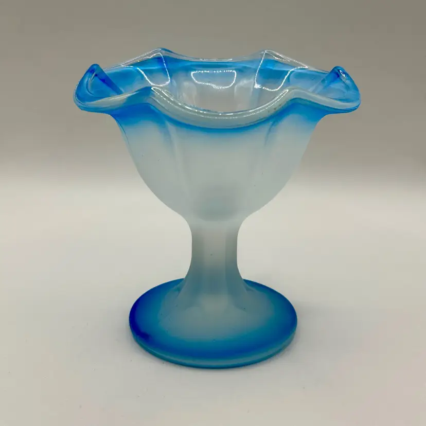 Vintage Frosted Blue Ombre Glass Compote Dish Dessert Bowl, Elegant Ruffled Edge, Pedestal Centerpiece, Unbranded