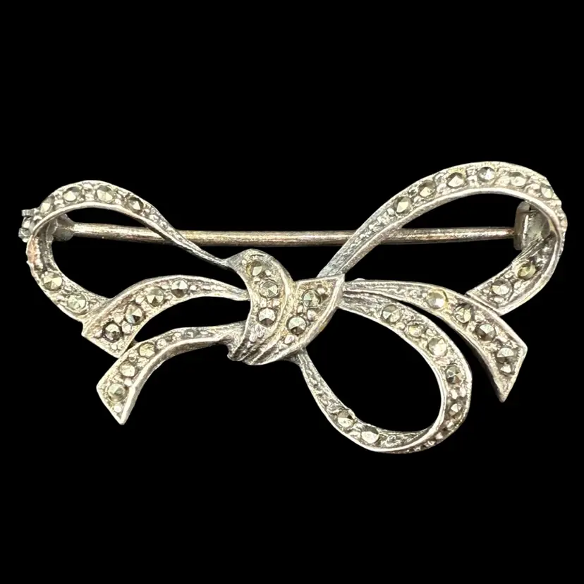 Victorian Revival Bow Marcasite 925 Sterling Brooch Pin 1.5”