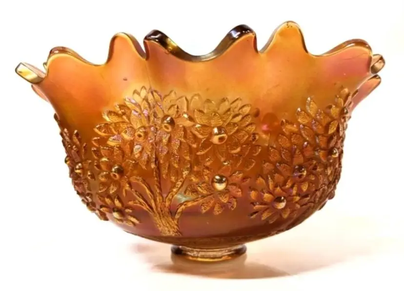 Large Vintage Fenton Marigold Orange Tree Carnival Glass Fruit Bowl