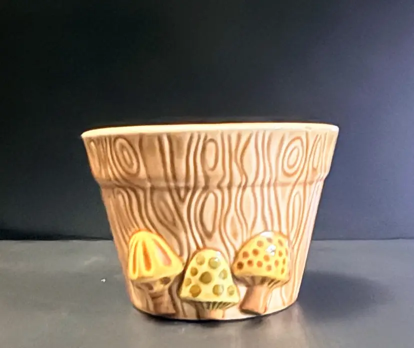 Vintage 1970's Mushroom Ceramic Planter Pot Wood Look Brown
