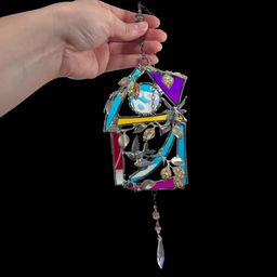 One Of A Kind Stained Glass Suncatcher, Iridescent Glass Sun Catcher With Bird, Leaves, And Fairy, Crystal And Glass Mirrored Wall Art, Art Glass Wall Hanging