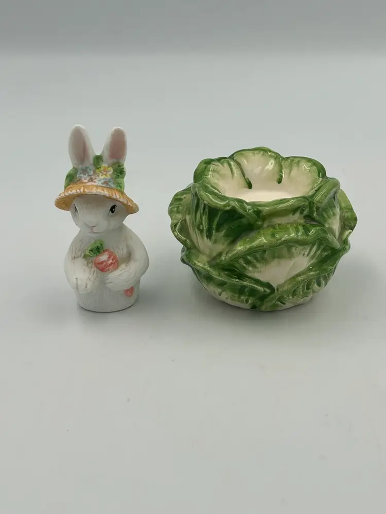 Vintage Cabbage And Bunny In Bonnet Salt And Pepper Shaker Set