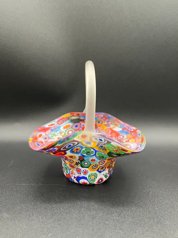 Italian Murano Multicolor Millefiori Satin Art Glass Basket 5”
