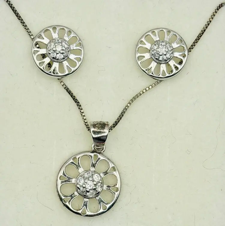 Sterling Silver CZ Necklace & Pierced Earrings Gift Set NOS