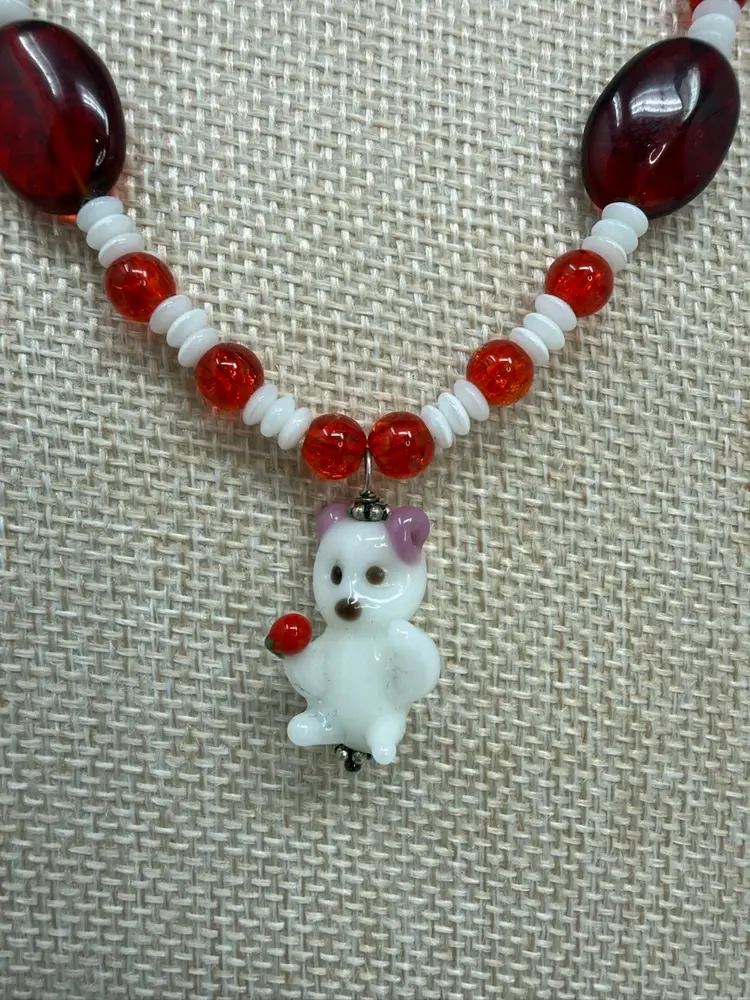 Candy Apple Bear Art Glass Necklace