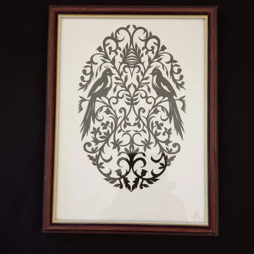 Paper Cut Tree Birds Flowers 8 3/4” H x 6 5/8” approx. in Frame Vintage