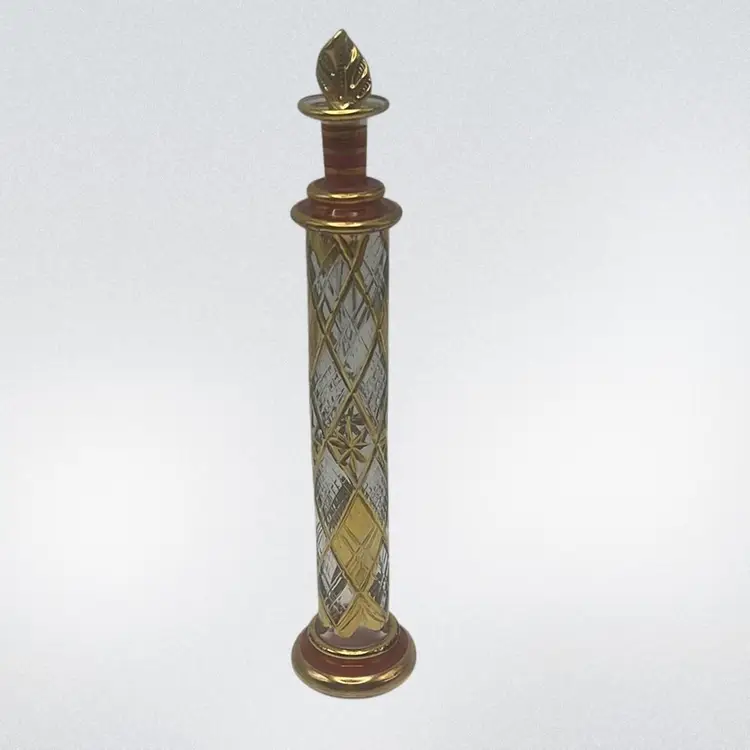 Red And Gold Etched Column Egyptian Blown Glass Perfume Bottle, 8-1/2” Tall With The Dauber