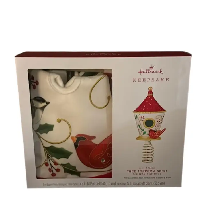 Tree Topper & Tree Skirt Miniature Tree Set Hallmark Miniature Beauty Of Birds CARDINAL #2023 NIB White•Red•Green Holly
Topper 4.4”” T x Skirt 12” Dia