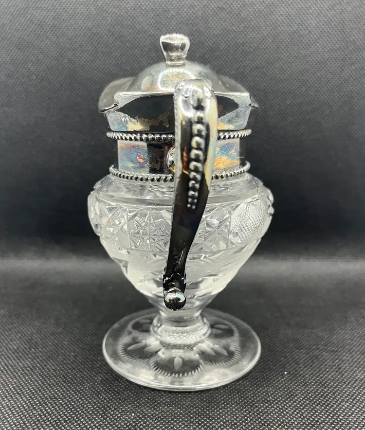 Antique Brilliant Cut Glass Syrup Pitcher Silver Plate Hinged Lid