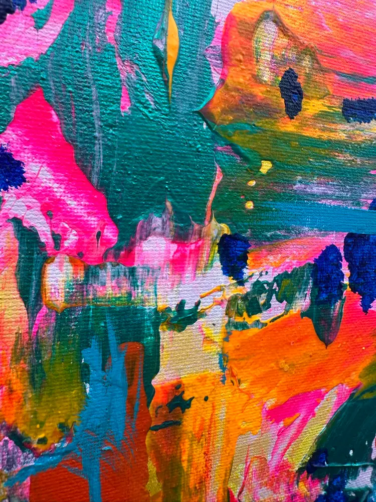 “Little Monster Party” Abstract UV Reactive Acrylic Painting Made By Me 8”W 10”T Signed Amanda Montague