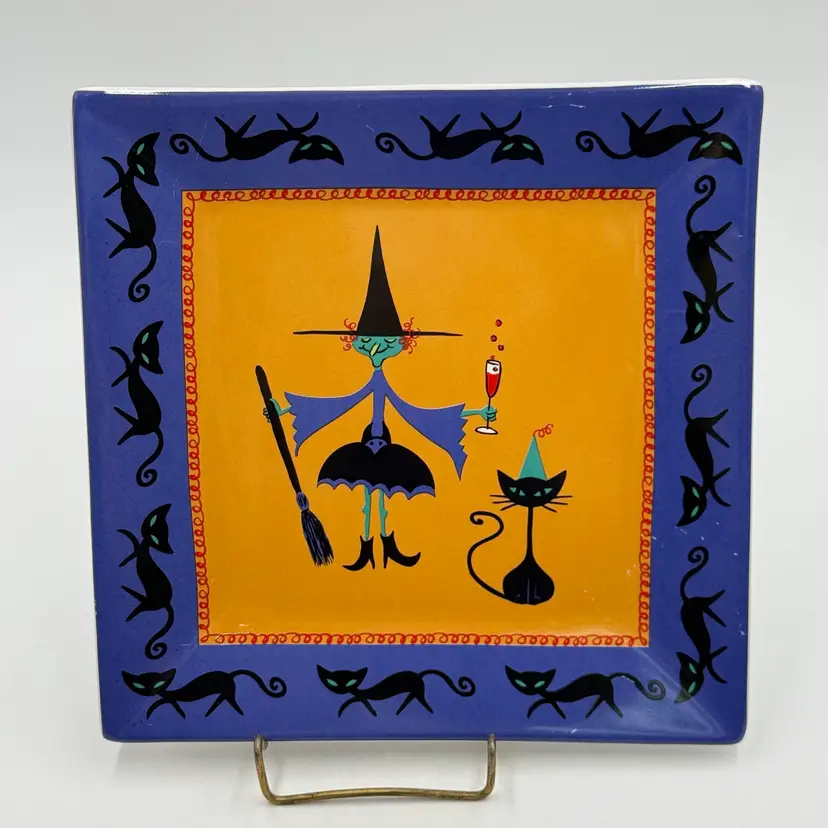 Halloween Witch Black Cat Try Some Broo 8” Square Plate Wendoverlane Mary Kober