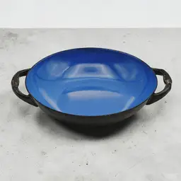 Vibrant Blue Enamel Sauté Pan Serving Bowl Black Handles 6 in Round Vintage MCM
