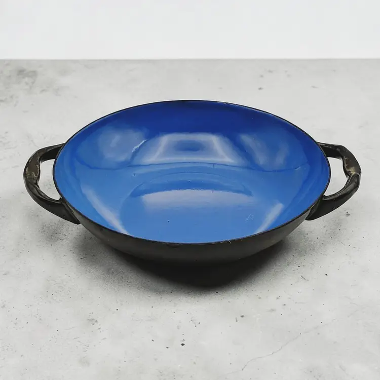 Vibrant Blue Enamel Sauté Pan Serving Bowl Black Handles 6 in Round Vintage MCM