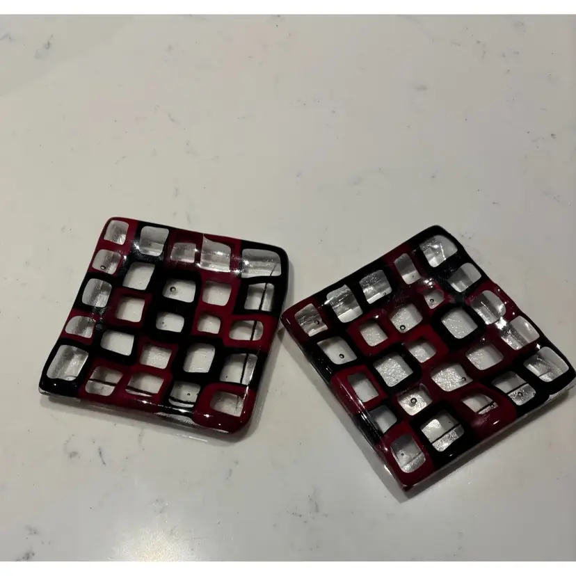 Fused Glass Coasters / Trivets / Candle Dishes, Unsigned, Red & Black, Pair
