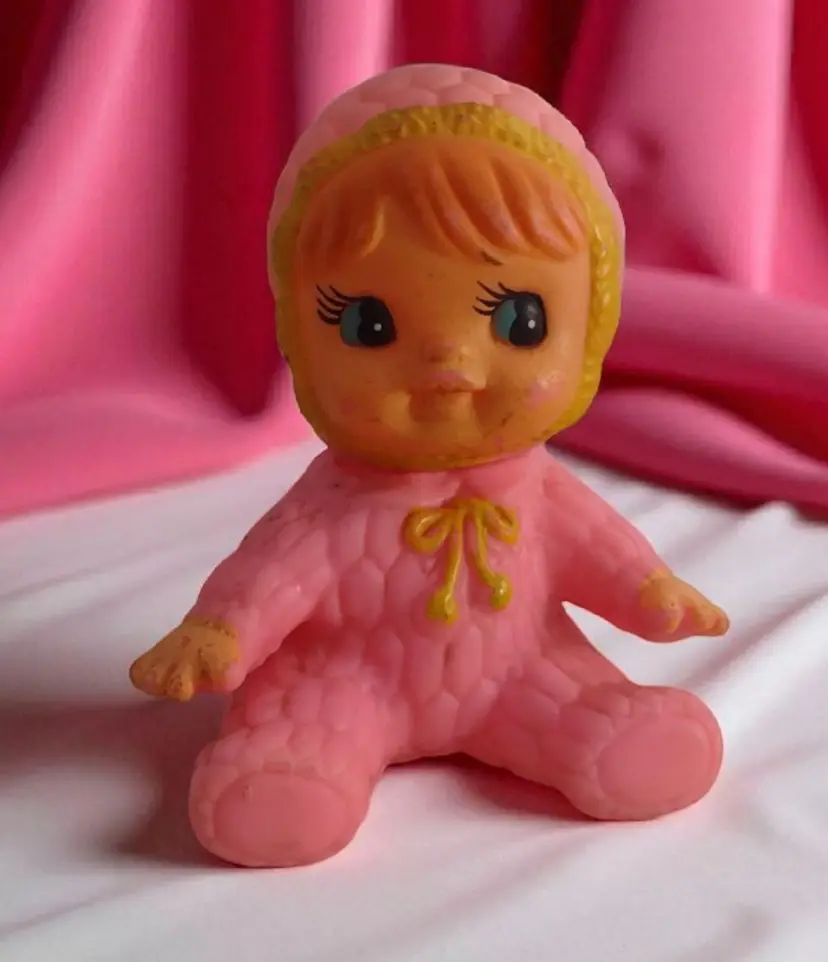 Vintage Pink Rubber Baby Girl Squeaker Toy Korea Kitsch